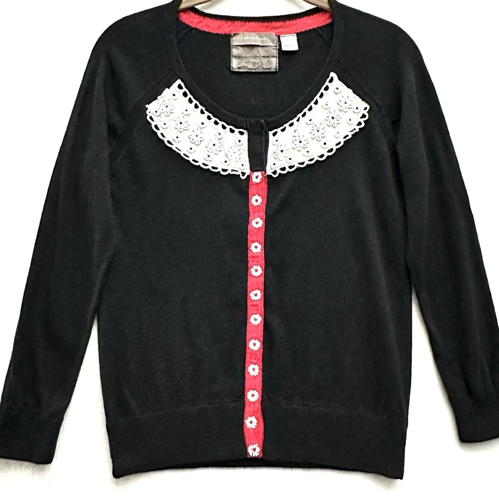 ANTHROPOLOGIE Guinevere S Cashmere Beaded Lace Applique Cardigan Sweater Vintage